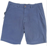 A pair of men's blue chino shorts laid flat on a white surface, featuring a button closure, belt loops, and side pockets.
