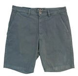 A pair of dark gray chino shorts laid flat on a white surface, featuring belt loops, a button closure, and side pockets.