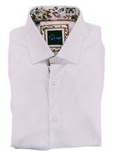 White shirt with a decorative pocket square featuring a floral pattern and a small screen.