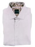 White shirt with a decorative pocket square featuring a floral pattern and a small screen.