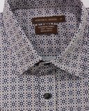 Folded patterned shirt with a brand label on a white background