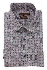 Folded patterned shirt with a brand label on a white background