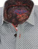Patterned shirt with a decorative collar and visible brand name.