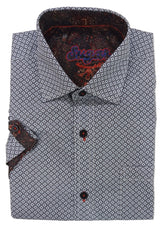Folded shirt with patterned collar and buttons on a white background