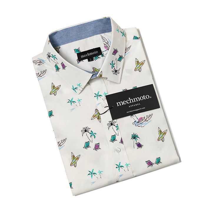 Short sleeved shirt with surfboards and deckchairs