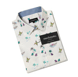 Short sleeved shirt with surfboards and deckchairs
