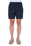 Navy shorts worn by a person on a white background