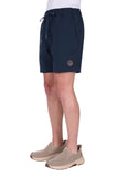 Navy shorts worn by a person on a white background