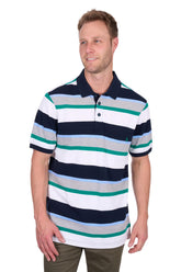 Man wearing a striped polo shirt on a white background