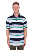 Man wearing a striped polo shirt on a white background