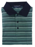 Folded green and navy striped shirt with a brand label on a white background