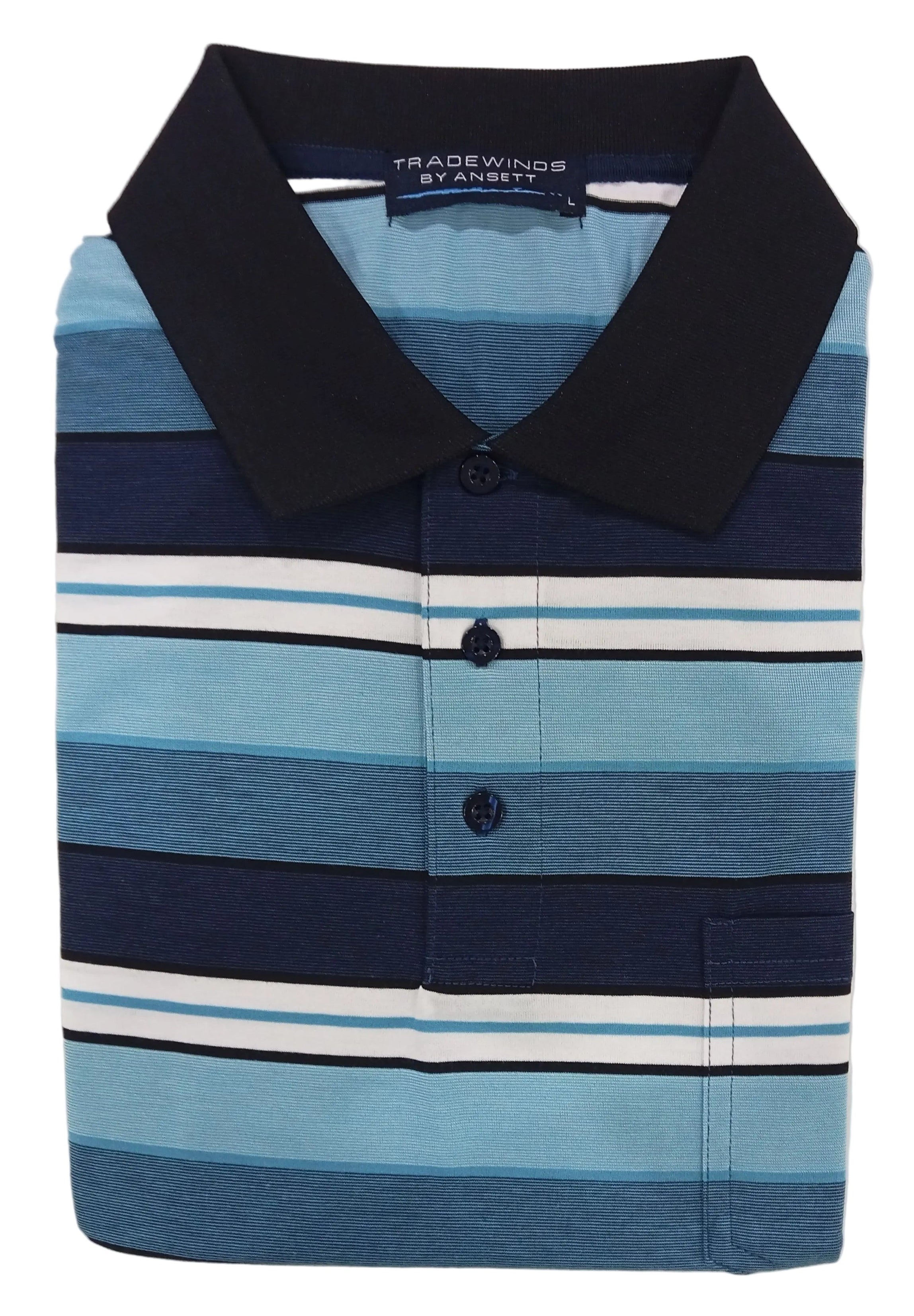 Folded blue and black striped shirt on a white background