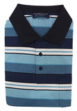 Folded blue and black striped shirt on a white background