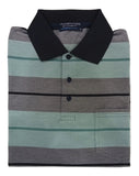 Striped polo shirt with black collar and buttons on a white background