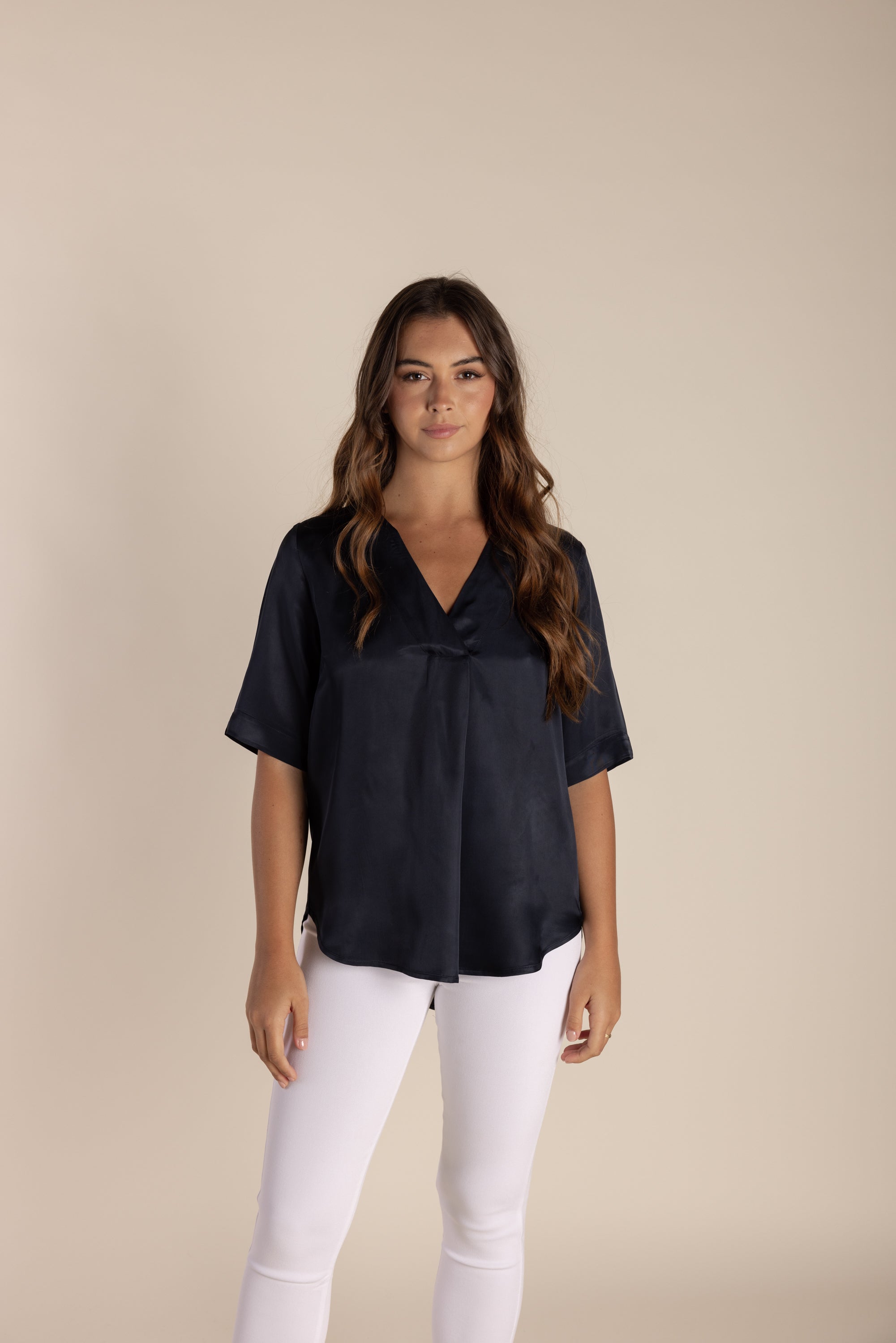 Women's navy blue elbow-sleeve top with a relaxed fit