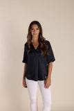 Women's navy blue elbow-sleeve top with a relaxed fit