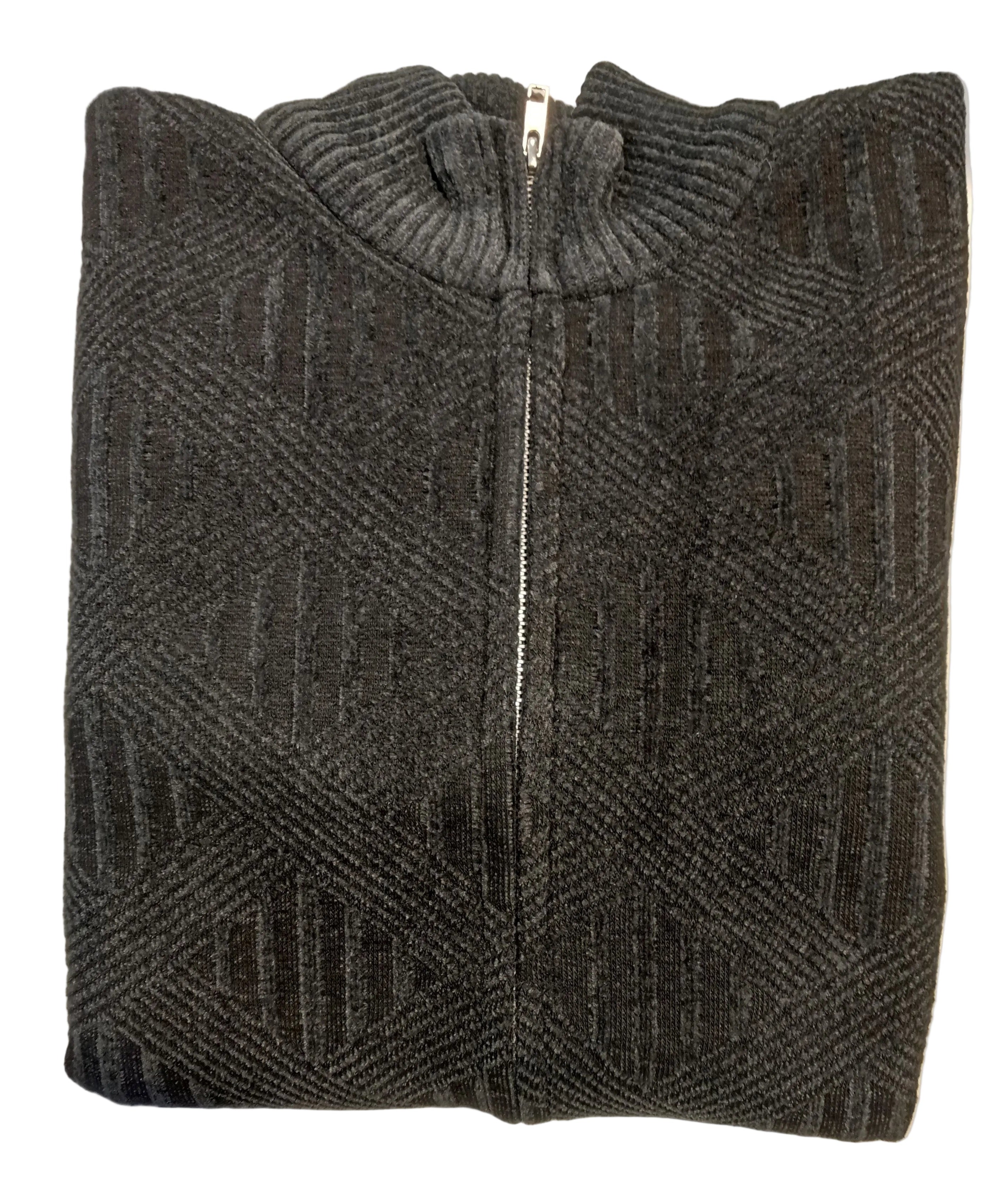 Folded gray sweater with a zipper on a white surface