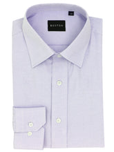 Folded light purple dress shirt with white collar and cuffs on a white background