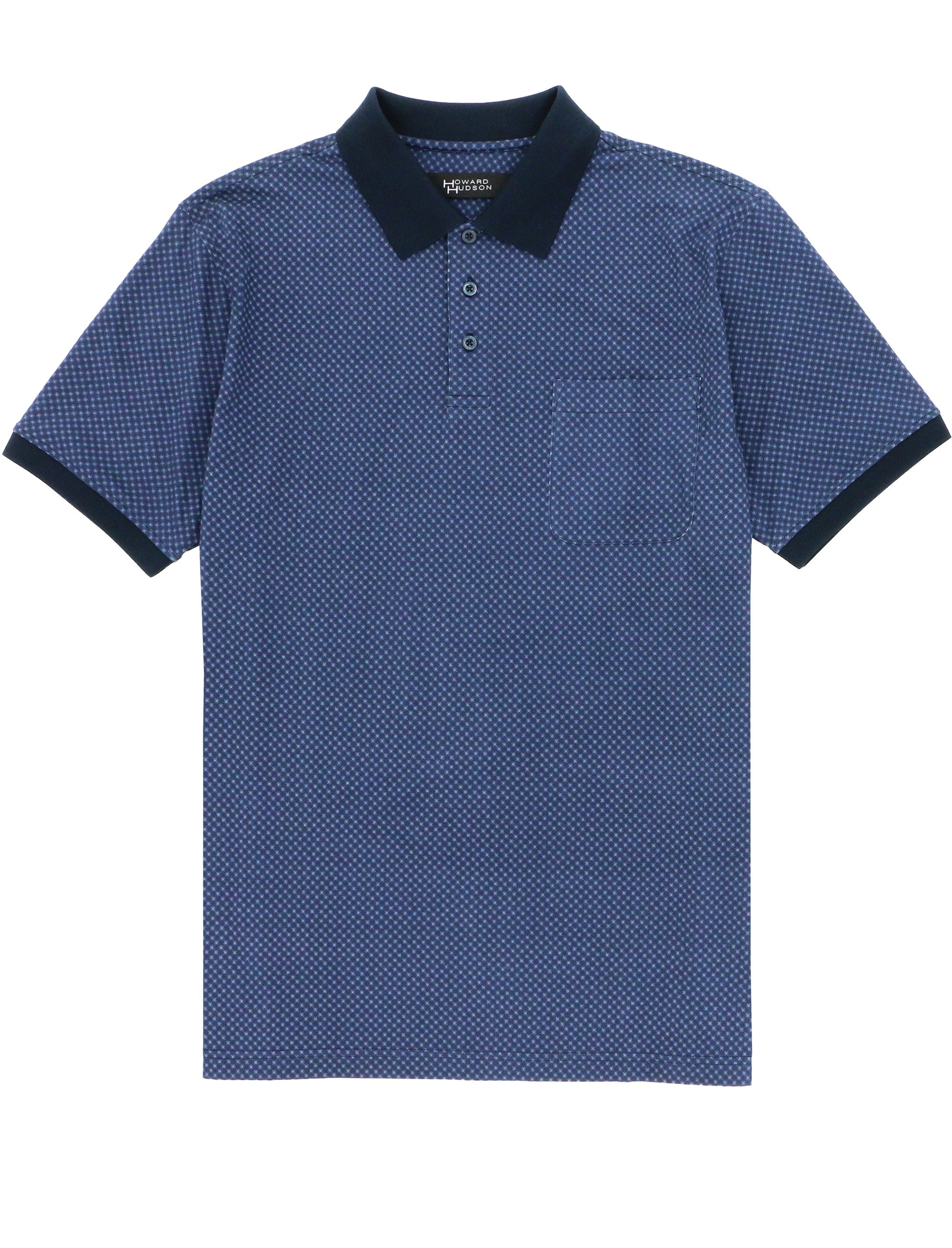 A short-sleeve polo shirt by Vestral, featuring a blue and white micro-patterned body, a solid navy blue collar, and matching navy blue trim on the sleeve cuffs.