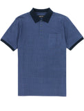 A short-sleeve polo shirt by Vestral, featuring a blue and white micro-patterned body, a solid navy blue collar, and matching navy blue trim on the sleeve cuffs.