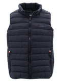 Black puffer vest with a brand logo on a white background