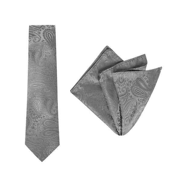 tie & pocket square, paisley, charcoal