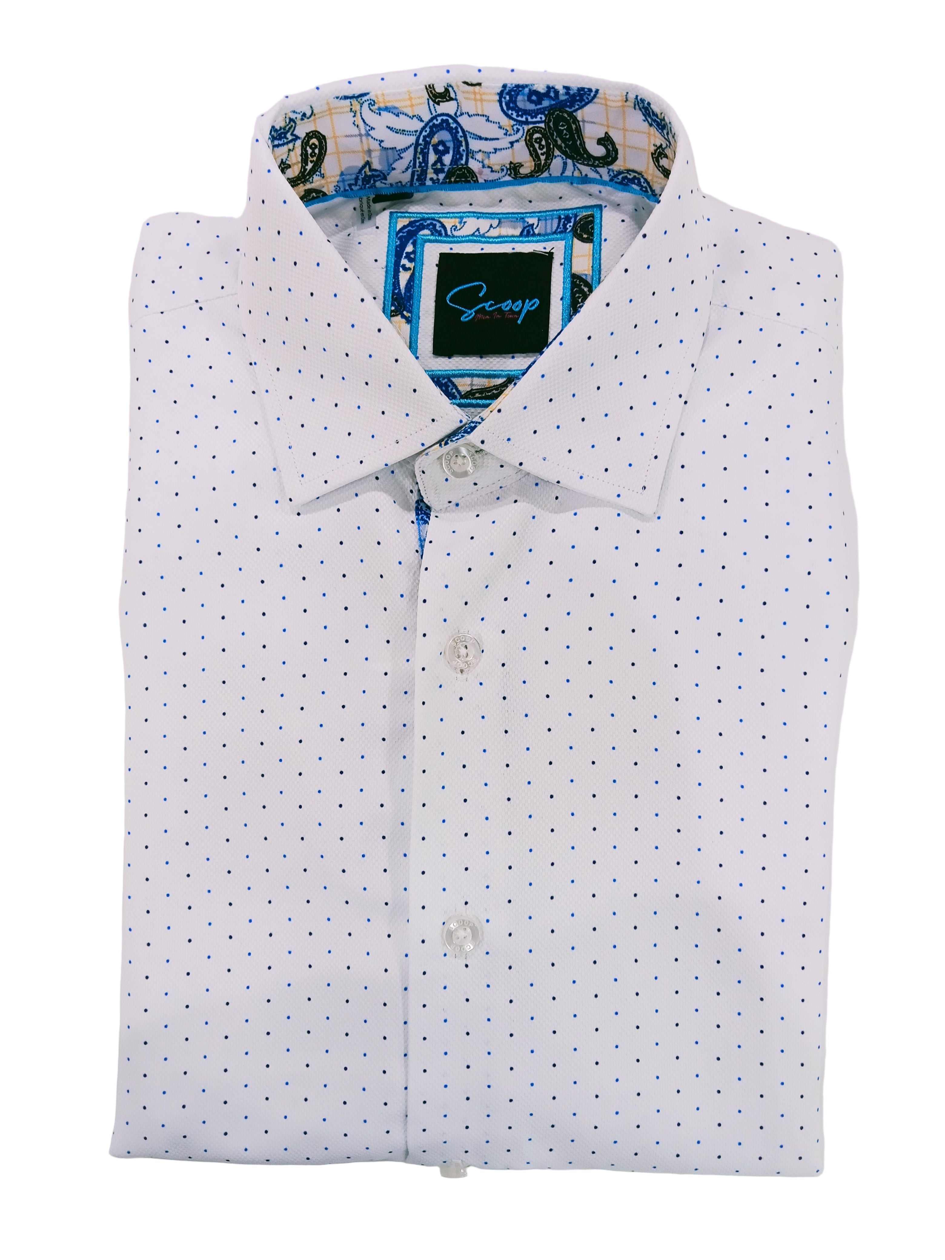 White shirt with blue polka dot pattern on a white background