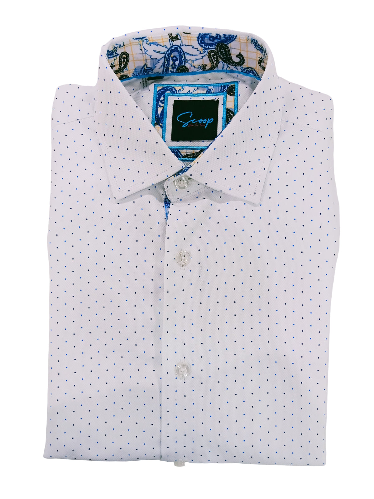 White shirt with blue polka dot pattern on a white background