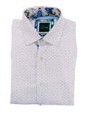 White shirt with blue polka dot pattern on a white background