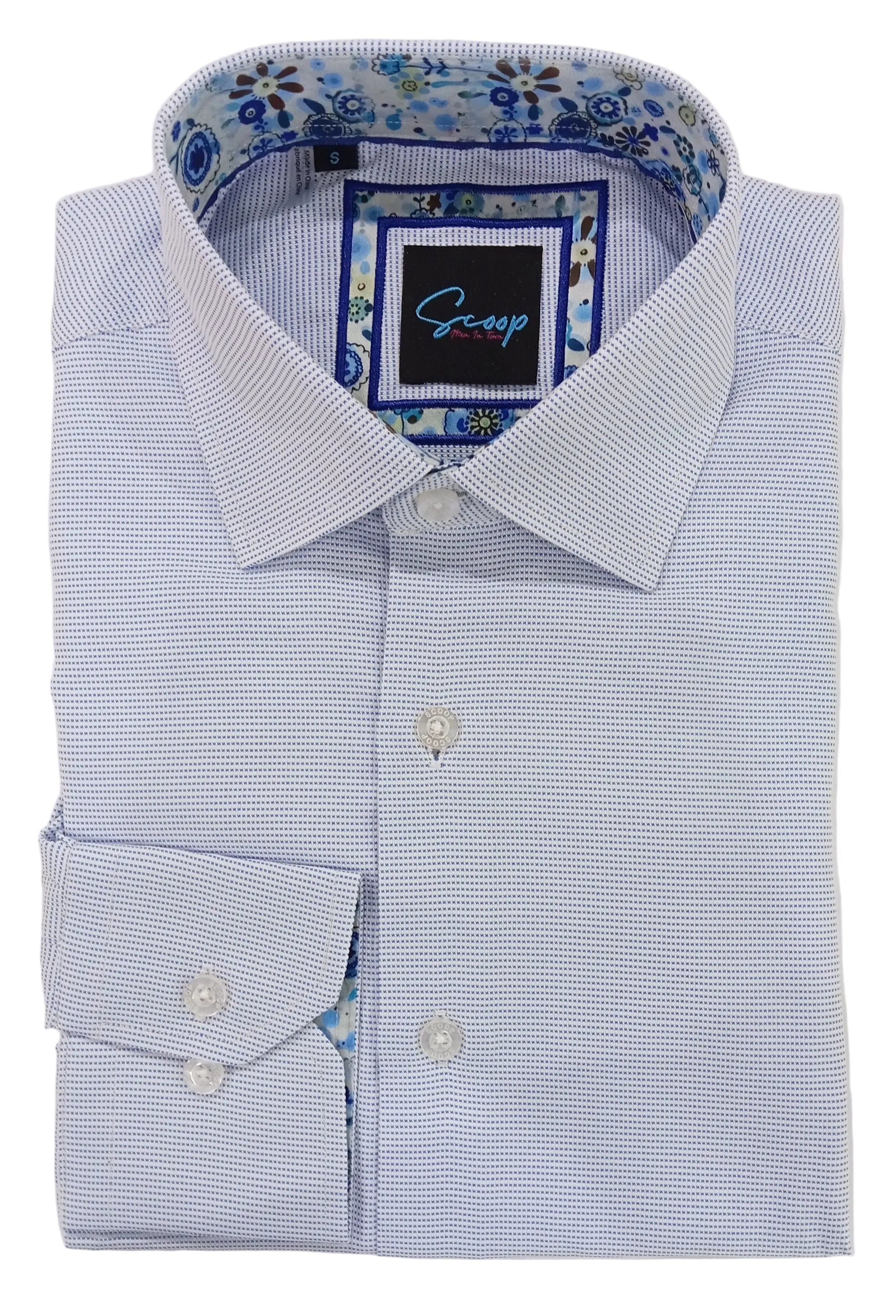 Light blue checkered dress shirt with a floral collar on a white background