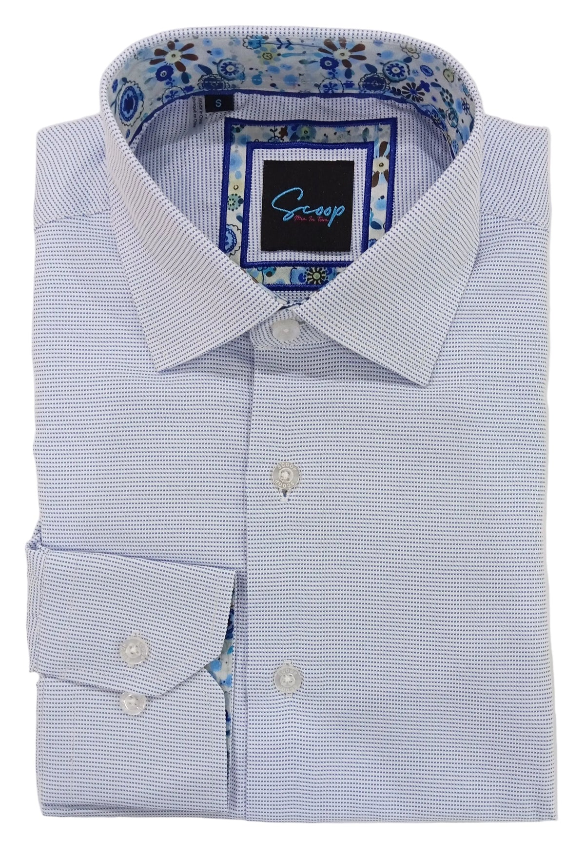 Light blue checkered dress shirt with a floral collar on a white background