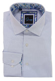 Light blue checkered dress shirt with a floral collar on a white background