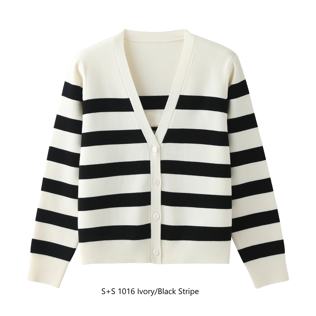 Black and white striped cardigan on a white background