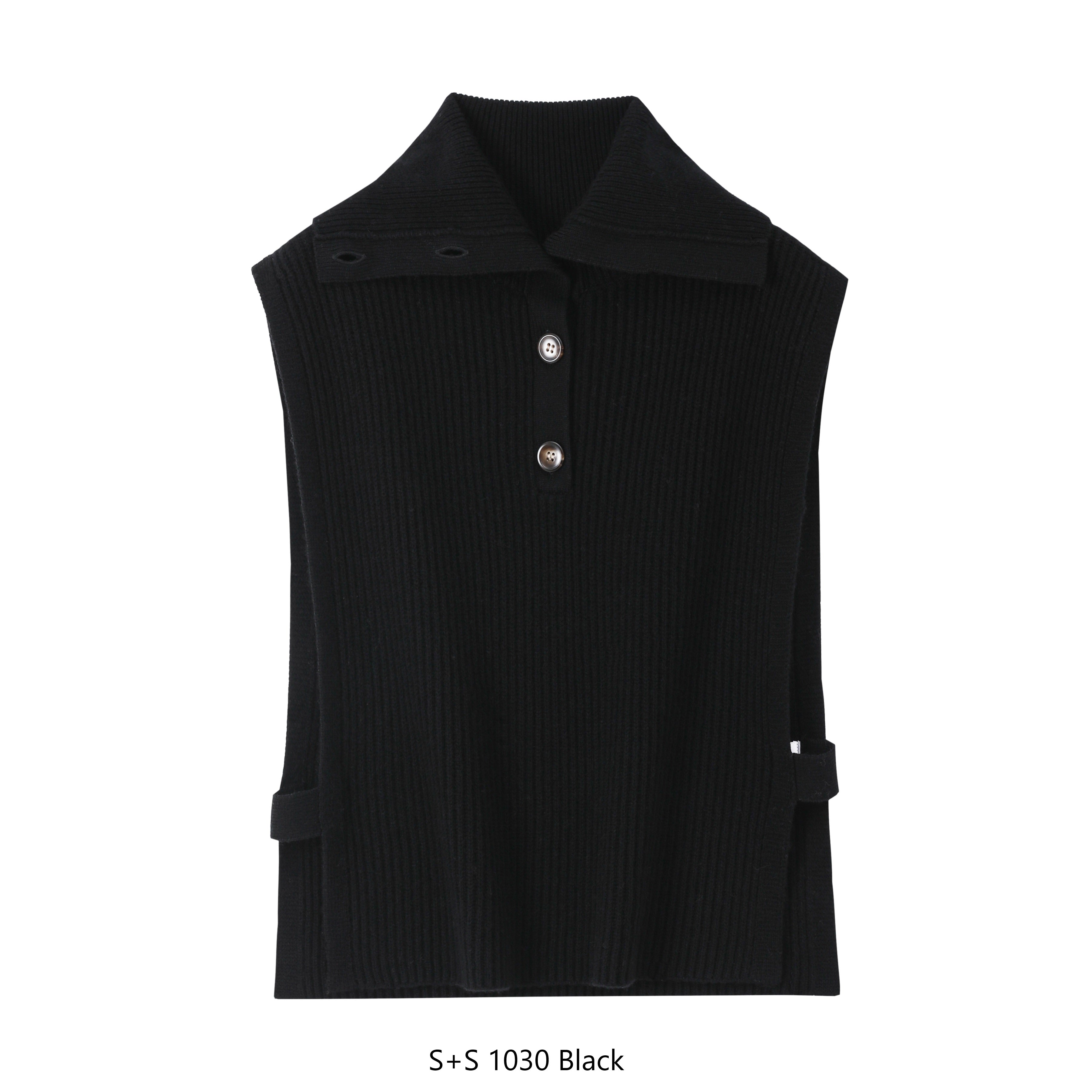 Black sleeveless vest with buttons on a white background