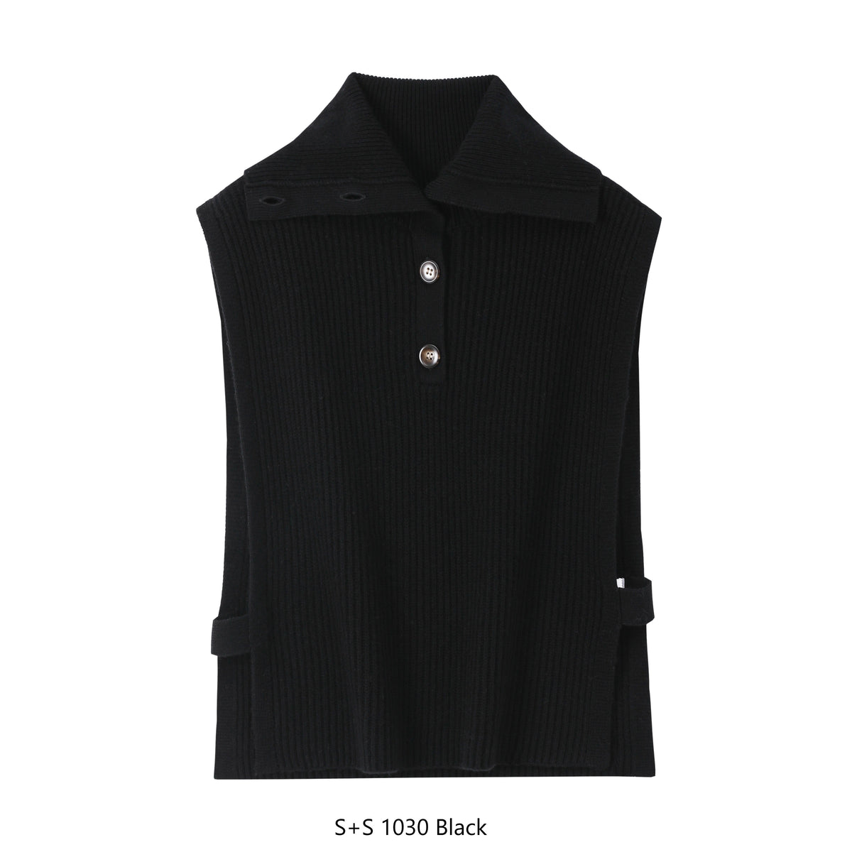 Black sleeveless vest with buttons on a white background