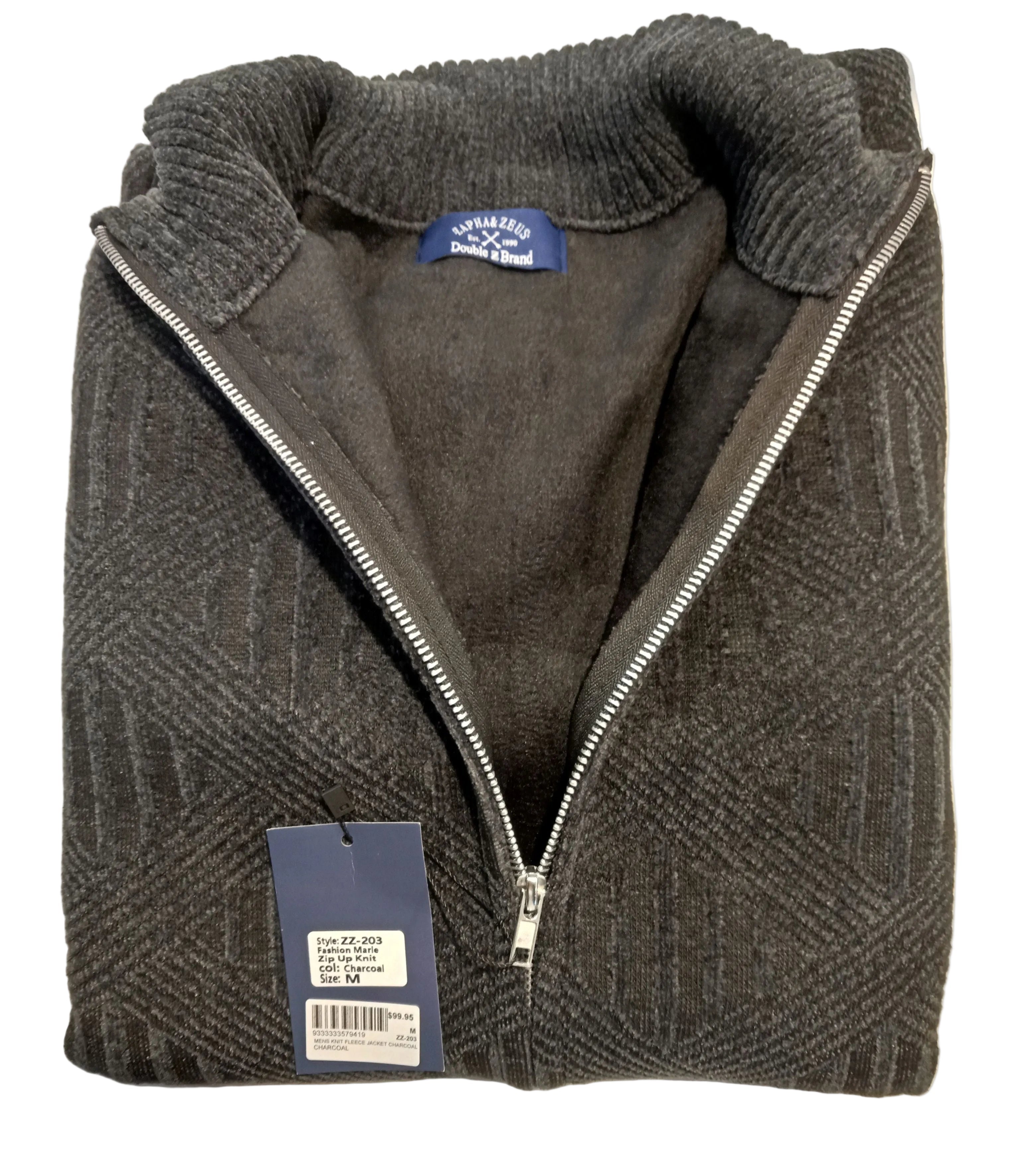 Folded gray fleece jacket with a brand tag on a white surface