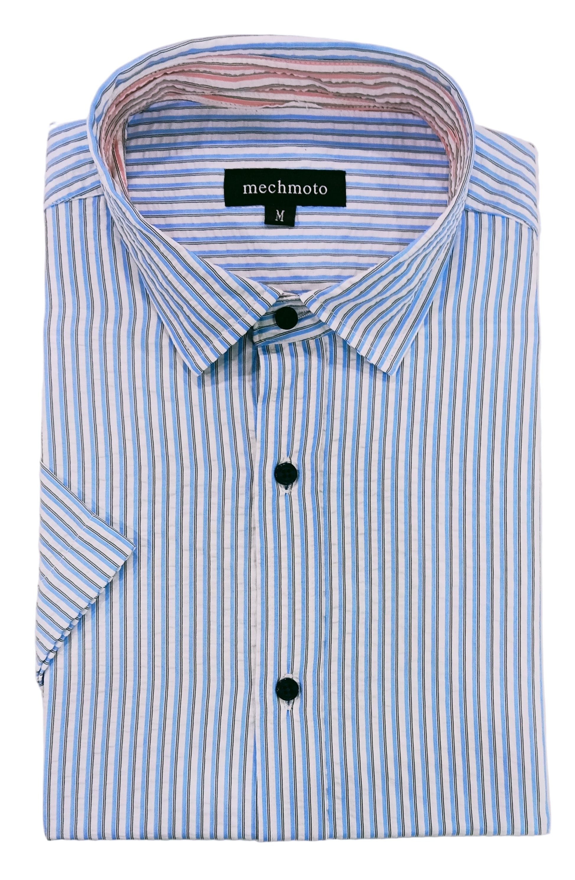 Blue and white striped dress shirt with a visible brand label on a white background