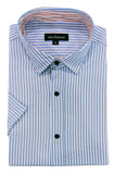 Blue and white striped dress shirt with a visible brand label on a white background