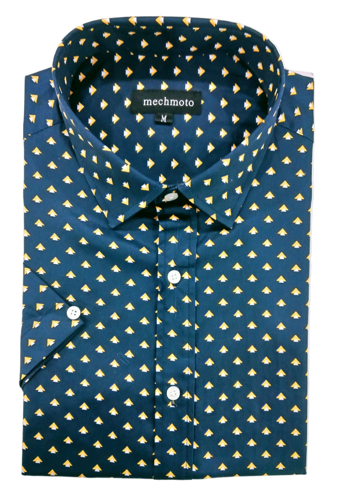 Folded teal shirt with yellow pattern on a white background