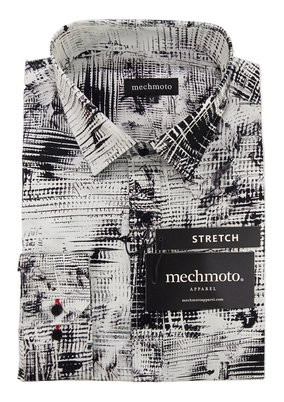 Packaged shirt with 'mechmoto' branding on a white background