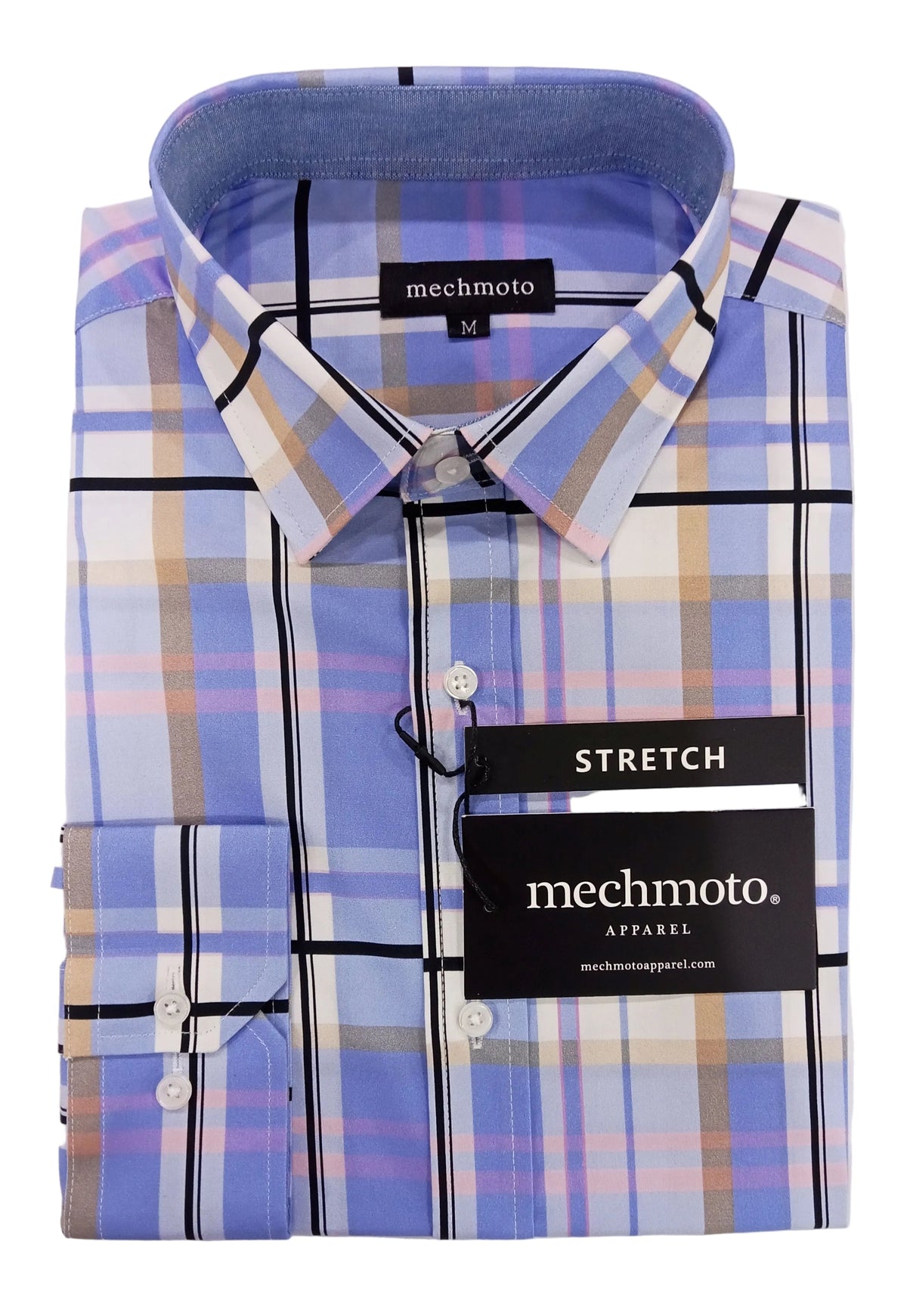Plaid shirt with 'mechmoto' label on a white background