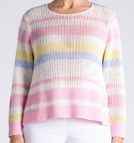 A woman modeling a pastel striped knit sweater with horizontal bands of pink, yellow, blue, and off-white, paired with white pants, against a light gray studio background.