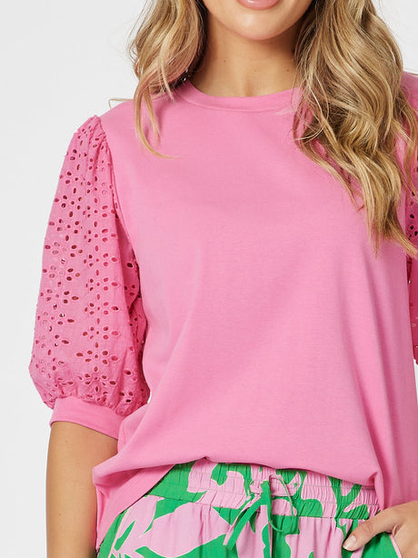 Threadz Kyla Lace Sleeve T-Shirt Hot Pink