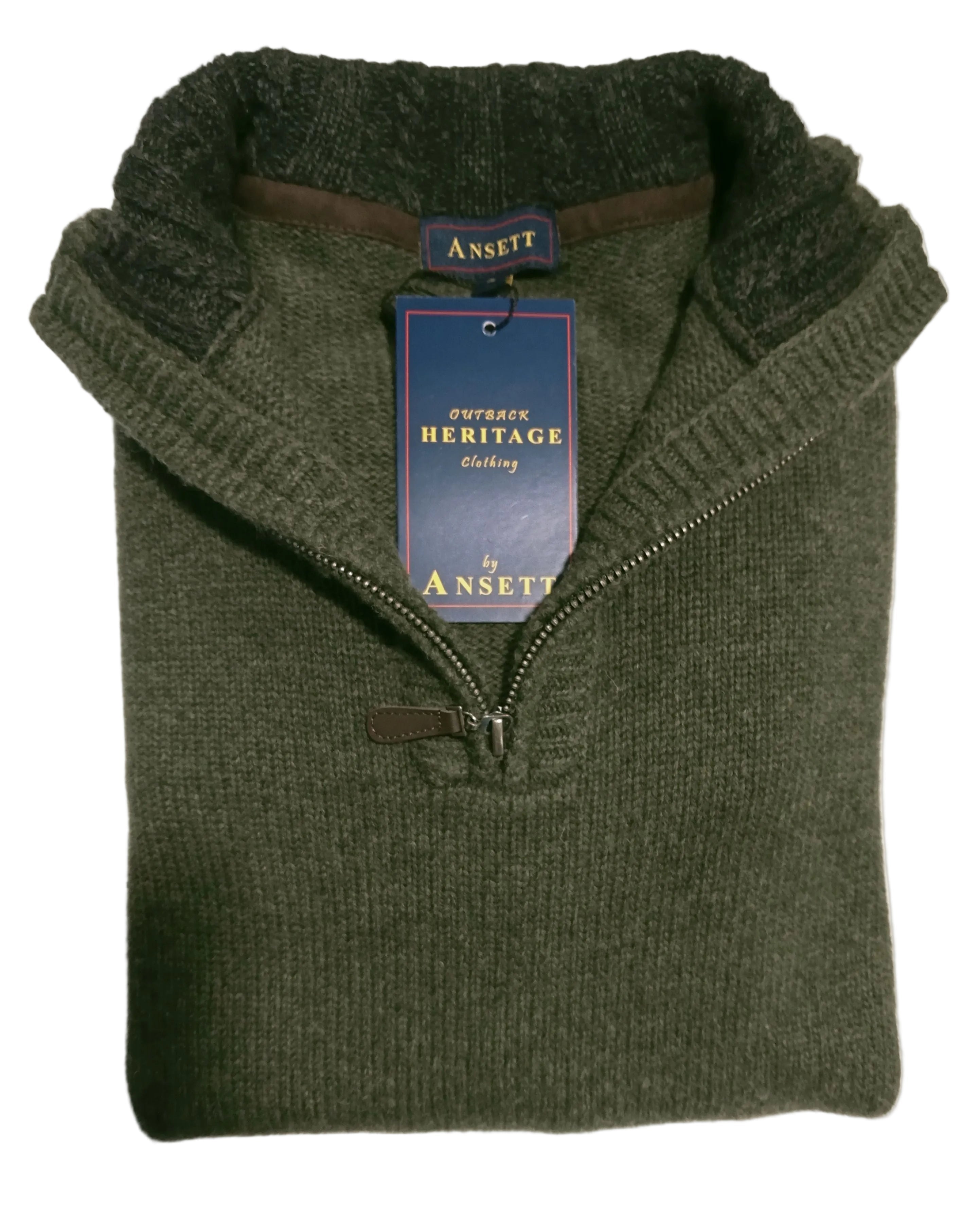 Green sweater with a visible brand tag on a white background