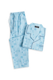 Blue patterned pajama set with matching robe on a white background