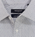 White dress shirt with blue geometric pattern and Bridgeport Club label on a white background