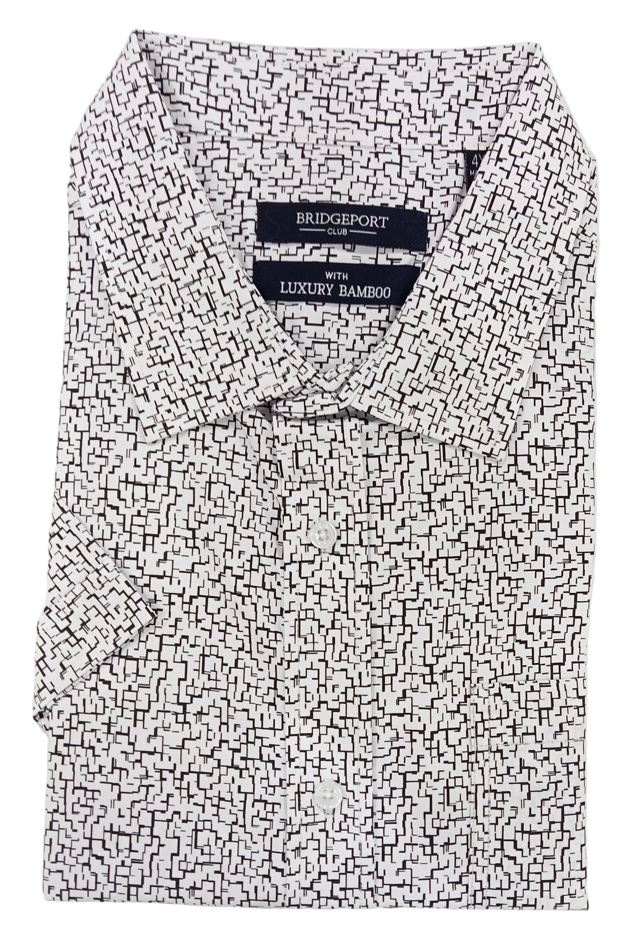 Black and white patterned shirt with a visible brand label on a white background