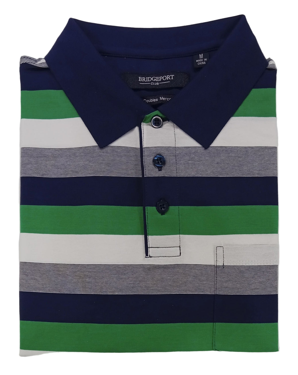 Striped polo shirt with green, blue, and gray colors on a white background