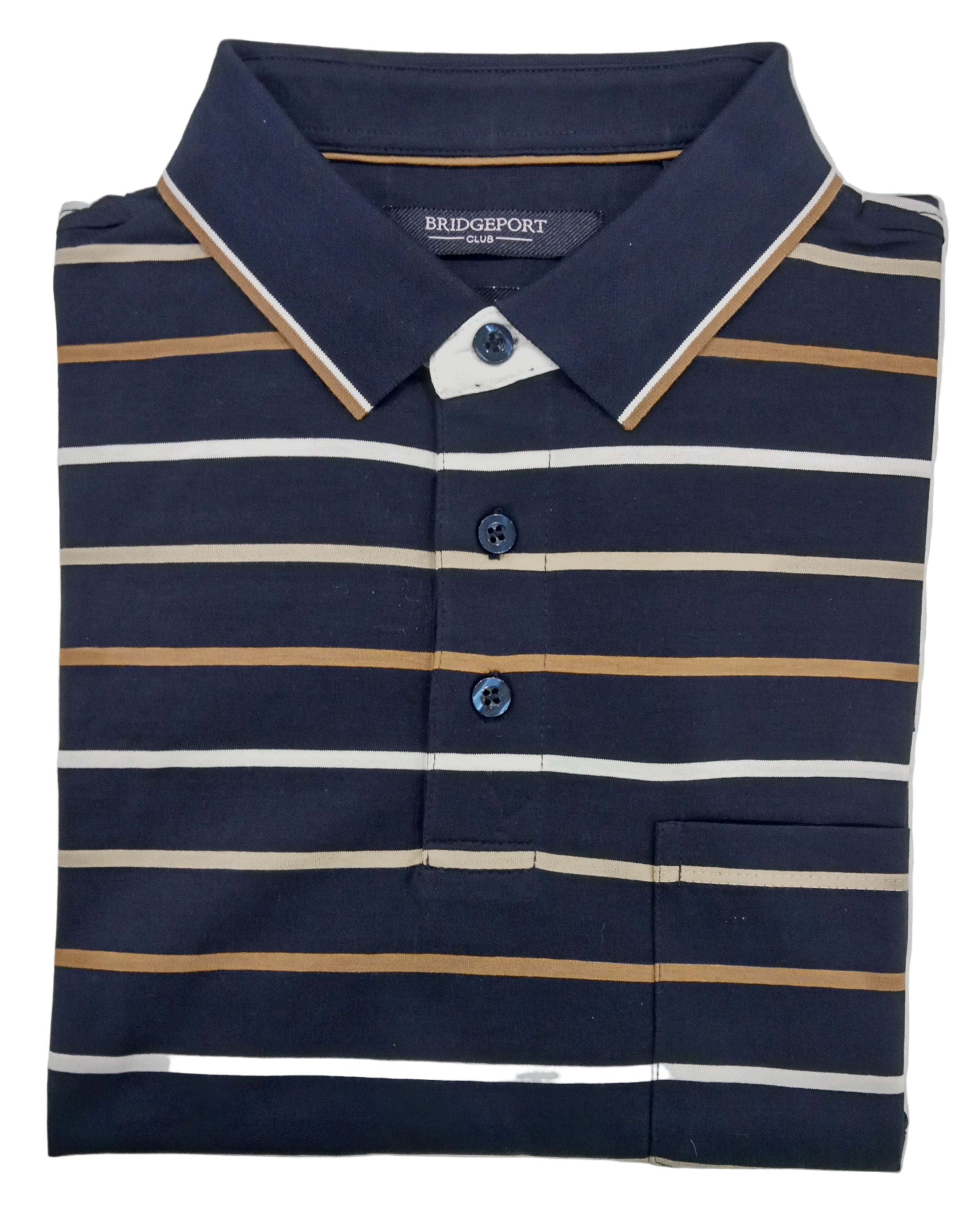 Folded navy blue polo shirt with brown and white stripes on a light gray background