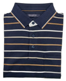 Folded navy blue polo shirt with brown and white stripes on a light gray background